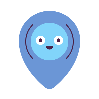 Blue map pin icon with a smiling face
