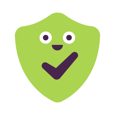 Green shield with a smiling face and checkmark icon